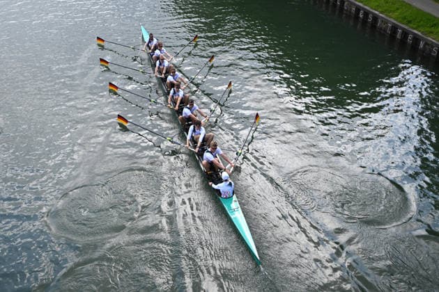 Der Deutschlandachter mit Schlagmann Soenke KRUSE (Sönke) Julius CHRIST, Tassilo von MUELLER (Von Müller), Tobias STRANGEMANN Olaf ROGGENSACK, Mattes SCHOENHERR (Schönherr), Paul KLAPPERICH, Theis HAGEMEISTER, Steuermann Jonas WIESEN, beim Training auf dem Dortmund-Ems-Kanal, Rudern, Praesentation Deutschland-Achter der Saison 2026, am 21.05.2026 in Dortmund Deutschland. Â