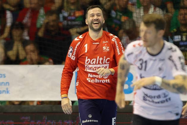 21.05.2026, xtgx, Handball, Daikin HBL, SC Magdeburg - SG Flensburg Handewitt v.l. Benjamin Buric (Flensburg, 1) Jubelt ueber gehaltenen Ball, abgewehrt, gehalten, Torhueter Magdeburg