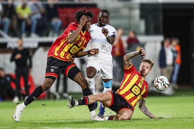Mechelen s Dikeni Salifou, Club s Carlos Forbs and Mechelen s Fredrik Hammar fight for the ball during a soccer match between KV Mechelen and Club Brugge KV, Thursday 21 May 2026 in Mechelen, on the ninth day of the Champion s Play-offs of the 2025-2026 Jupiler Pro League first division of the Belgian championship. BRUNOxFAHY  x174674352x