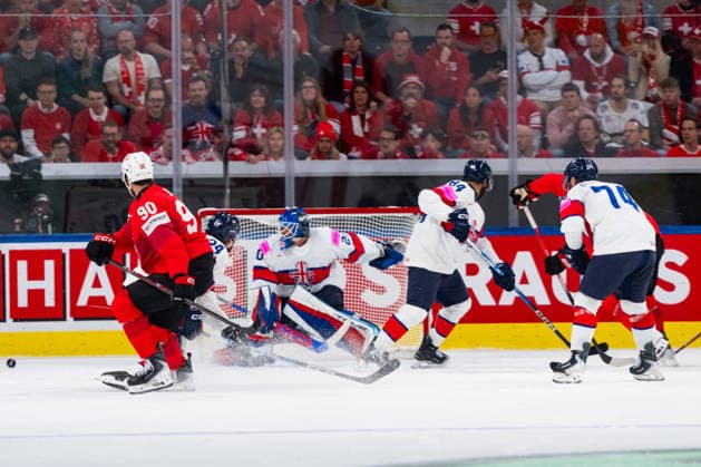 ZURICH, SWITZERLAND - MAY 21: Scene in front of Mat Robson (Great Britain, 20) during the Preliminary Round - Group A Match 31 between Switzerland and Great Britain at the IIHF Ice hockey, Eishockey World Championship, WM, Weltmeisterschaft 2026, Swiss Life Arena on May 21, 2026 in Zurich, Switzerland. Zurich Switzerland Copyright: xTimoxSteinx