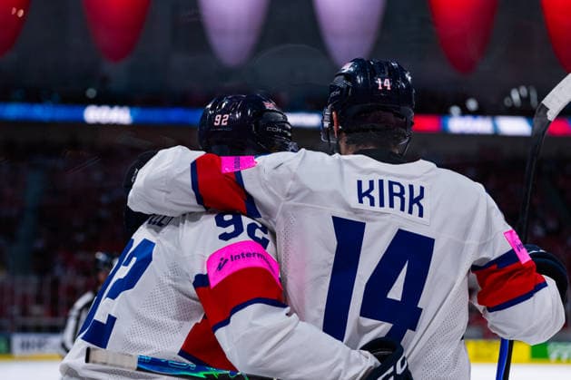 ZURICH, SWITZERLAND - MAY 21: Joshua Waller (Great Britain, 92) and Liam Kirk (Great Britain, 14) celebrating the goal during the Preliminary Round - Group A Match 31 between Switzerland and Great Britain at the IIHF Ice hockey, Eishockey World Championship, WM, Weltmeisterschaft 2026, Swiss Life Arena on May 21, 2026 in Zurich, Switzerland. Zurich Switzerland Copyright: xTimoxSteinx