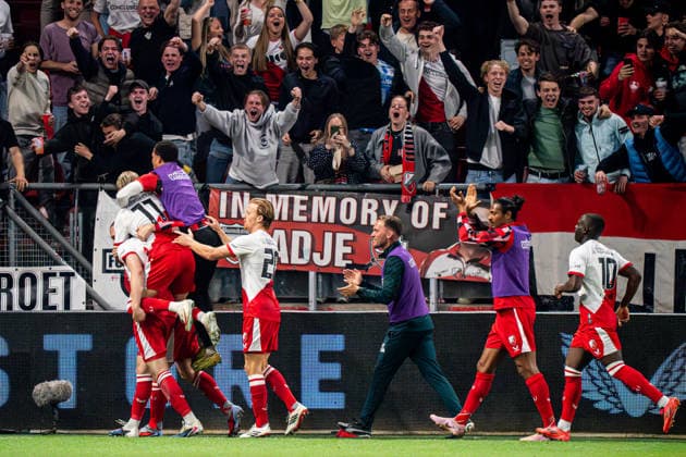 2026-05-21 FC Utrecht v SC Heerenveen - Dutch Eredivisie Conference League Play Offs Semi-Final UTRECHT, NETHERLANDS - MAY 21: Artem Stepanov of FC Utrecht, players of FC Utrecht celebrate the first goal during the Dutch Eredivisie Conference League Play Offs Semi-Final match between FC Utrecht and SC Heerenveen at Stadion Galgenwaard on May 21, 2026 in Utrecht, Netherlands. Utrecht Stadion Galgenwaard Netherlands Content not available for redistribution in The Netherlands directly or indirectly through any third parties. Copyright: xGabrielxCalvinoxAlonsox