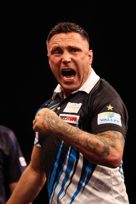RECORD DATE NOT STATED 21st May 2026, Utilita Arena, Sheffield, Yorkshire, England; 2026 PDC Bet MGM Premier League Darts Night Sixteen; Gerwyn Price celebrates after winning a leg AidanxHunter