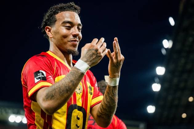 Mechelen s Myron Van Brederode celebrates during a soccer match between KV Mechelen and Club Brugge KV, Thursday 21 May 2026 in Mechelen, on the ninth day of the Champion s Play-offs of the 2025-2026 Jupiler Pro League first division of the Belgian championship. JASPERxJACOBS  x174676943x