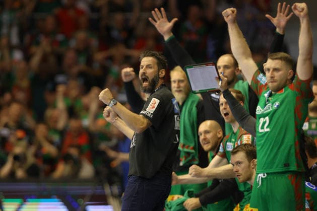 21.05.2026, xtgx, Handball, Daikin HBL, SC Magdeburg - SG Flensburg Handewitt v.l. Bennet Wiegert (Magdeburg, Trainer) Jubel, Torjubel, jubelt ueber das Tor, celebrate the goal, celebration Magdeburg