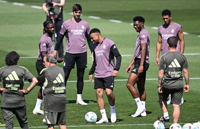 Real Madrid training session ahead of Athletic Club game in Madrid MADRID, SPAIN - MAY 22: Real Madrid s players Eduardo Camavinga (L), Thibaut Courtois (2nd L), Kylian Mbappe (C), Aurelien Tchouameni (2nd R) and Jude Bellingham (R) take part in a training session at the club s Valdebebas facilities in Madrid, Spain on May 22, 2026. Real Madrid will face Athletic Club Bilbao in the 38th and final matchweek of the Spanish First Football League (La Liga). Burak Akbulut Anadolu Madrid Spain. Editorial use only. Please get in touch for any other usage.  Copyright: x2026xAnadoluxBurakxAkbulutx