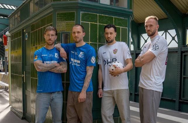 Fußball, Herren, Saison 2025 2026, COSY-WASCH Landespokal Berlin, Medientermin vor dem Finale VSG Altglienicke - BFC Dynamo, v. l. Philip Türpitz, Tim Rieder (beide VSG Altglienicke), Rufat Dadashov, Tobias Gunte (beide BFC Dynamo) 27.04. 2026, Copyright: xMatthiasxKochx