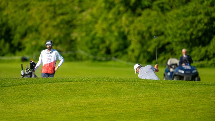 ANTWERP, BELGIUM - MAY 22: Kazuma Kobori of New Zealand taking his second shot hitting out of the sand trap on the fairway of the 14th hole during the second round of the Soudal Open at Rinkven International Golf Club on May 22, 2026 in Antwerp, Belgium. Credit: Andy Astfalck NurPhoto Belgium Copyright: xAndyxAstfalckx
