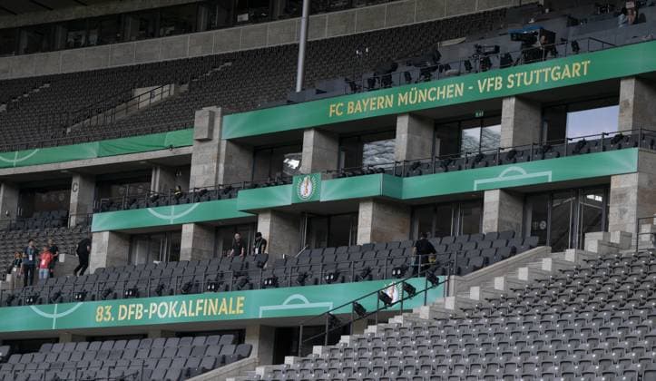 Fußball, Herren, Saison 2025 2026, 83. DFB-Pokal-Finale, FC Bayern München - VfB Stuttgart, Training am Vortag, im Bild: Pressetribüne mit Spielpaarung, 22.05. 2026, Copyright: xMatthiasxKochx