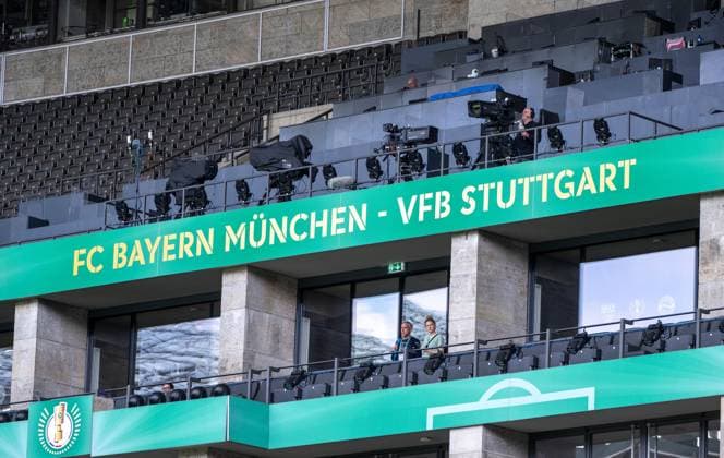 Fußball, Herren, Saison 2025 2026, 83. DFB-Pokal-Finale, FC Bayern München - VfB Stuttgart, Training am Vortag, im Bild: Pressetribüne mit Spielpaarung, 22.05. 2026, Copyright: xMatthiasxKochx