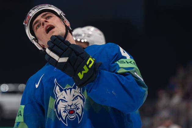 FRIBOURG, FRIBOURG - MAY 22: Matic Torok of Slovenia during the 2026 IIHF World Championship, WM, Weltmeisterschaft Preliminary Round Group B match between Canada and Slovenia at BCF Arena on May 22, 2026 in Fribourg, Fribourg, Switzerland.  Copyright: xLivioxBaeriswylx xSPPx Sportspressphoto_SPR151824