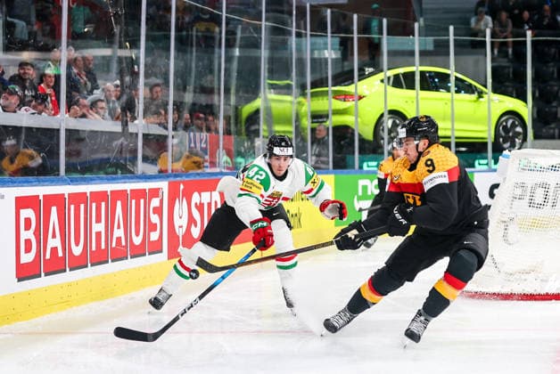 Ice hockey, Eishockey - IIHF WC 2026 ZURICH,SWITZERLAND,22.MAY.26 - ICE HOCKEY - IIHF Ice Hockey World Championship, WM, Weltmeisterschaft 2026, group stage, Germany vs Hungary. Image shows Marton Nemes (HUN) and Leon Gawanke (GER).  GEPAxpictures xMaticxKlansek