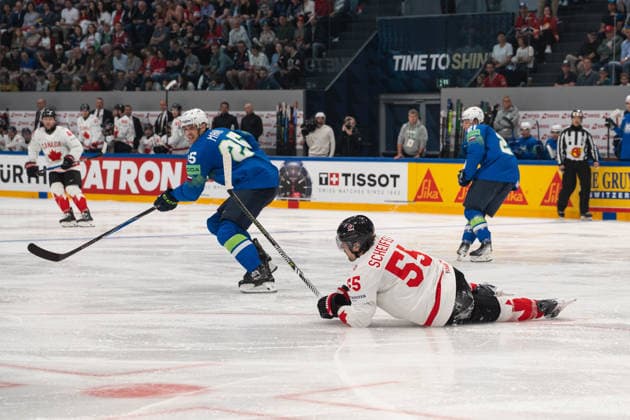 FRIBOURG, FRIBOURG - MAY 22: Mark Scheifele of Canada lies on the ice during the 2026 IIHF World Championship, WM, Weltmeisterschaft Preliminary Round Group B match between Canada and Slovenia at BCF Arena on May 22, 2026 in Fribourg, Fribourg, Switzerland.  Copyright: xLivioxBaeriswylx xSPPx Sportspressphoto_SPR151900
