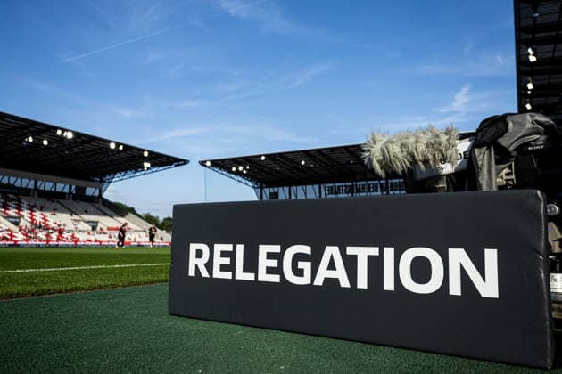 2.Bundesliga, Relegation: Rot-Weiss Essen - SpVgg Greuther Fürth; 22.05.2026 Symbolbild, Blick auf Stadion an der Hafenstraße vor dem Spiel., Ein Schild auf dem steht Relegation. 2.Bundesliga, Relegation: Rot-Weiss Essen - SpVgg Greuther Fürth; Stadion an der Hafenstraße, Essen; 22.05.2026 DFL DFB regulations prohibit any use of photographs as image sequences and or quasi video. Copyright: xBEAUTIFULxSPORTS Buriakovx