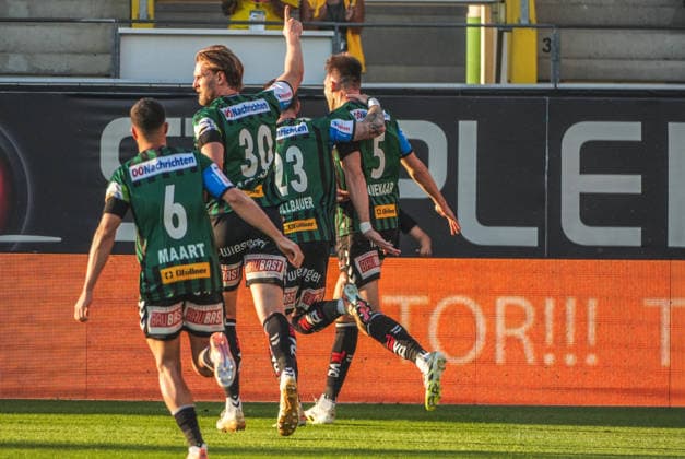 Fussball Österreich, Admiral Bundesliga Europacup-Playoff Finale ECL 2025 2026, SV Oberbank Ried vs. SK Rapid Wien (SKR) - BWT x Oberösterreichische Arena (Ried): Nikki Havenaar (SV Oberbank Ried) mit dem Tor zum 0:1 - Jubel, Torjubel Copyright: xLukasxBierederx