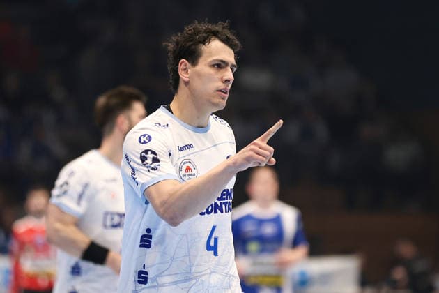 2026.05.22, xkwix, Handball, HBL, ThSV Eisenach - TBV Lemgo Lippe, Werner-Aßmann-Halle, 32.Spieltag, Saison 2025 2026: Samuel Zehnder (TBV Lemgo Lippe 4) jubelnd mit gestik Photo: xKamilxWilkowskixPressefotoKochx Thüringen Deutschland