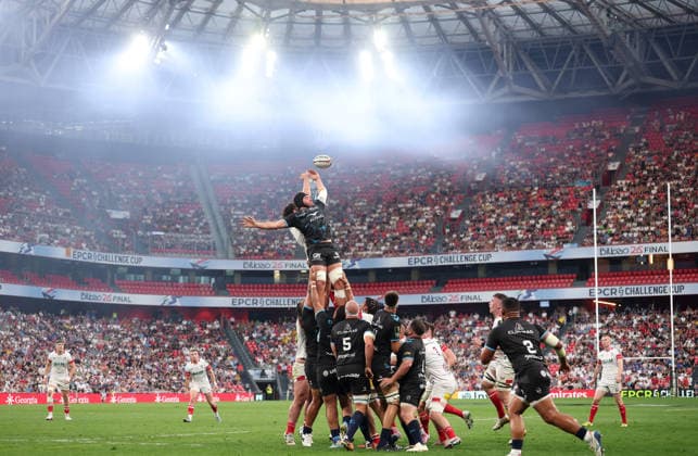 2026 European Rugby Challenge Cup Final, San Mames Stadium, Bilbao, Spain 22 5 2026 Montpellier Herault Rugby vs Ulster Montpellier™s Lenni Nouchi during a line-out Lenni Nouchi during a line-out 22 5 2026  Copyright: x INPHO JamesxCrombiex 032A3075