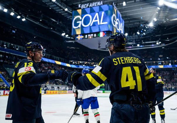 260522 Lucas Raymond and Ivar Stenberg of Sweden celebrate after 3-0 during the 2026 IIHF Ice hockey, Eishockey World Championship, WM, Weltmeisterschaft match between Sweden and Italy on May 22, 2026 in Fribourg. Photo: Jesper Zerman BILDBYRAN kod JZ JZ0726 ishockey ice hockey ishockey-vm 2026 vm 2026 iihf world championship sverige sweden italien italy bbeng jubel *** 260522 Lucas Raymond and Ivar Stenberg of Sweden celebrate after 3 0 during the 2026 IIHF Ice Hockey World Championship match between Sweden and Italy on May 22, 2026 in Fribourg Photo Jesper Zerman BILDBYRAN kod JZ JZ0726 ishockey ice hockey ishockey vm 2026 vm 2026 iihf world championship sverige sweden italien italy bbeng jubel  Copyright: JESPERxZERMAN BB260522JZ119
