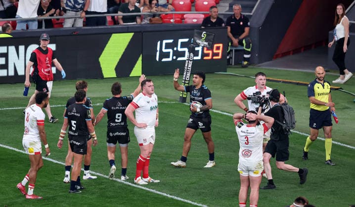 2026 European Rugby Challenge Cup Final, San Mames Stadium, Bilbao, Spain 22 5 2026 Montpellier Herault Rugby vs Ulster Montpellier™s Donovan Taofifenua celebrates scoring their second try with Ali Price Donovan Taofifenua celebrates scoring their second try with Ali Price 22 5 2026  Copyright: x INPHO NickxElliottx NE1L6085