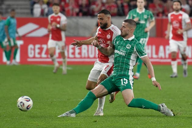 v. li. im Zweikampf Ramien Safi (Essen 7) Jan Elvedi (Fuerth 15) 22.05.2026 ¢ Fussball ¢ Rot-Weiss Essen vs SpVgg Greuther Fuerth ¢ Relegation, Stadion Essen, Essen, DFB DFL REGULATIONS PROHIBIT ANY USE OF PHOTOGRAPHS AS IMAGE SEQUENCES AND OR QUASI-VIDEO