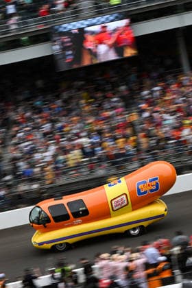 INDIANAPOLIS, IN - MAY 24: The Seattle Dog (05) Oscar Mayer Wienie Mobile drives on the front stretch during the Wienie 500 on NTT IndyCar, Indy Car, IRL, USA Series Miller Lite Carb Day on May 22, 2026, at the Indianapolis Motor Speedway in Indianapolis, Indiana. (Photo by Michael Allio Icon Sportswire) AUTO: MAY 22 NTT IndyCar Series Miller Lite Carb Day EDITORIAL USE ONLY Icon116260522004