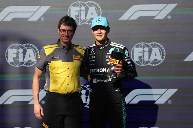 RECORD DATE NOT STATED 22nd May 2026; Circuit Gilles Villeneuve, Montreal, Quebec, Canada; 2026 FIA Formula 1 Canadian Grand Prix, Free Practice Day; George Russell (63) of Great Britain and Mercedes-AMG PETRONAS Formula One Team receives the Pirelli award for the pole position for the Sprint race ArtxVega