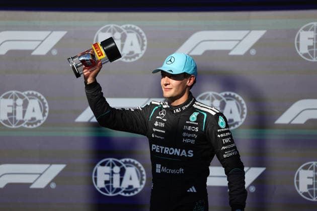 RECORD DATE NOT STATED 22nd May 2026; Circuit Gilles Villeneuve, Montreal, Quebec, Canada; 2026 FIA Formula 1 Canadian Grand Prix, Free Practice Day; George Russell (63) of Great Britain and Mercedes-AMG PETRONAS Formula One Team celebrates with the Pirelli trophy ArtxVega