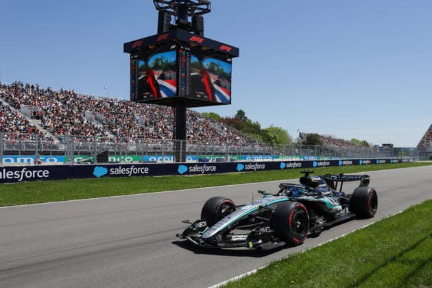 RECORD DATE NOT STATED 22nd May 2026; Circuit Gilles Villeneuve, Montreal, Quebec, Canada; 2026 FIA Formula 1 Canadian Grand Prix, Free Practice Day; George Russell (63) of Great Britain and Mercedes-AMG PETRONAS Formula One Team at the entry of turn 10 ArtxVega