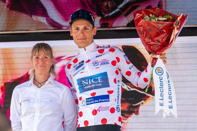 70th 4 Jours de Dunkerque 2026 - Stage 3 French rider Victor Papon of Team Nice Metropole stands on the podium, leading the mountains classification after stage 3 of the Quatre Jours De Dunkerque Grand Prix Des Hauts De France cycling race, between La Sentinelle and Wallers Arenberg in the north of France, on May 22, 2026. He wears the polka dot jersey. Wallers Arenberg France  Copyright: xGautierxDemouveauxx originalFilename:demouveaux-notitle260522_npU0T.jpg