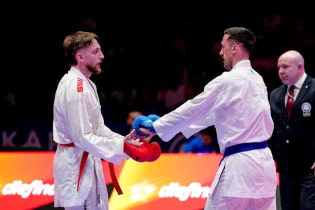 Deutschland: EKF Karate Europameisterschaft Seniors 2026 - Eissporthalle, Frankfurt: Haubold Janne (GER, Rot) verliert im Kampf um die Bronze Medaille gegen Kvesic Ivan (CRO, Blau) in der Kategorie Male Kumite -84 Kg Frankfurt am Main Eissporthalle Frankfurt Hessen Deutschland Copyright: xKjetilxWaberx