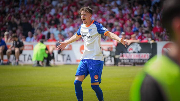 Fußball, Herren, Saison 2025 2026, Landespokal Brandenburg, Finale, Finaltag der Amateure, FC Energie Cottbus vs. VfB 1921 Krieschow, Samstag 23.05.2026, LEAG Energie Stadion Cottbus, Im Bild: Jubel beim VfB Krieschow nach dem Führungstreffer durch Toby Michalski. Brandenburg Deutschland