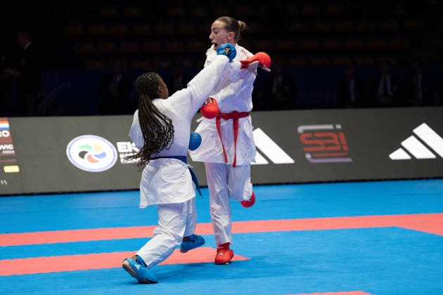 23.05.2026, xhfmx, Karate EKF Senior Championships 2026, S. Becirovic (Kroatien) im Kampf gegen T. Sombe (Frankreich (DFL DFB REGULATIONS PROHIBIT ANY USE OF PHOTOGRAPHS as IMAGE SEQUENCES and or QUASI-VIDEO) Frankfurt