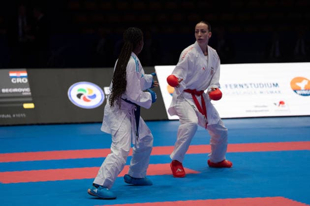 23.05.2026, xhfmx, Karate EKF Senior Championships 2026, S. Becirovic (Kroatien) im Kampf gegen T. Sombe (Frankreich (DFL DFB REGULATIONS PROHIBIT ANY USE OF PHOTOGRAPHS as IMAGE SEQUENCES and or QUASI-VIDEO) Frankfurt