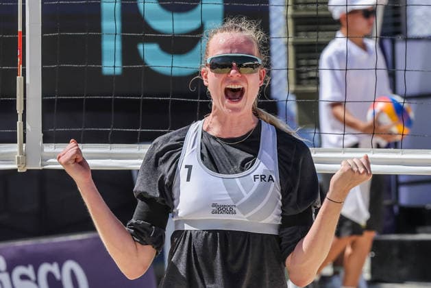 (260523) -- LAGUNA PROVINCE, May 23, 2026 -- Lezana Placette of France reacts after scoring a point during the women s round of 16 match between Taliqua Clancy and Stefanie Fejes of Australia against Lezana Placette and Alexia Richard of France in the Volleyball World Beach Pro Tour Challenge in Laguna Province, the Philippines on May 23, 2026. ) (SP)PHILIPPINES-LAGUNA PROVINCE-VOLLEYBALL-WORLD BEACH PRO TOUR CHALLENGE ROUELLExUMALI 