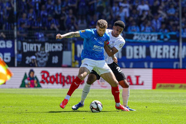 23.05.2026, xhettx, Fussball Landespokal Baden Finale, VfR Mannheim - SV Waldhof Mannheim v.l. Alexander Esswein (VFR Mannheim, 11) und Sanoussy Ba (SV Waldhof Mannheim, 25) im Zweikampf (DFL DFB REGULATIONS PROHIBIT ANY USE OF PHOTOGRAPHS as IMAGE SEQUENCES and or QUASI-VIDEO)