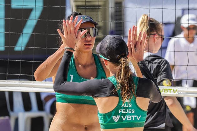 (260523) -- LAGUNA PROVINCE, May 23, 2026 -- Stefanie Fejes (R) and Taliqua Clancy of Australia celebrate after scoring a point during the women s round of 16 match between Taliqua Clancy and Stefanie Fejes of Australia against Lezana Placette and Alexia Richard of France in the Volleyball World Beach Pro Tour Challenge in Laguna Province, the Philippines on May 23, 2026. ) (SP)PHILIPPINES-LAGUNA PROVINCE-VOLLEYBALL-WORLD BEACH PRO TOUR CHALLENGE ROUELLExUMALI 