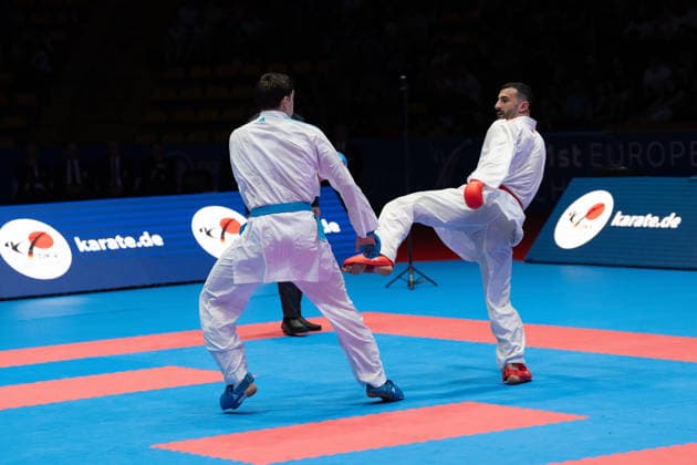 23.05.2026, xhfmx, Karate EKF Senior Championships 2026, Ugur Aktas (Türkei) im Kampf gegen Matteo Avanziani (Italien) (DFL DFB REGULATIONS PROHIBIT ANY USE OF PHOTOGRAPHS as IMAGE SEQUENCES and or QUASI-VIDEO) Frankfurt