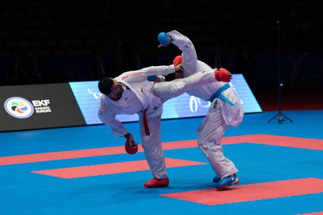 23.05.2026, xhfmx, Karate EKF Senior Championships 2026, Ugur Aktas (Türkei) im Kampf gegen Matteo Avanziani (Italien) (DFL DFB REGULATIONS PROHIBIT ANY USE OF PHOTOGRAPHS as IMAGE SEQUENCES and or QUASI-VIDEO) Frankfurt