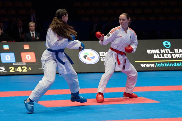 23.05.2026, xhfmx, Karate EKF Senior Championships 2026, Clemence Pea (Frankreic) im Duell mit Zala Maria Zibret (Slowenien) (DFL DFB REGULATIONS PROHIBIT ANY USE OF PHOTOGRAPHS as IMAGE SEQUENCES and or QUASI-VIDEO) Frankfurt