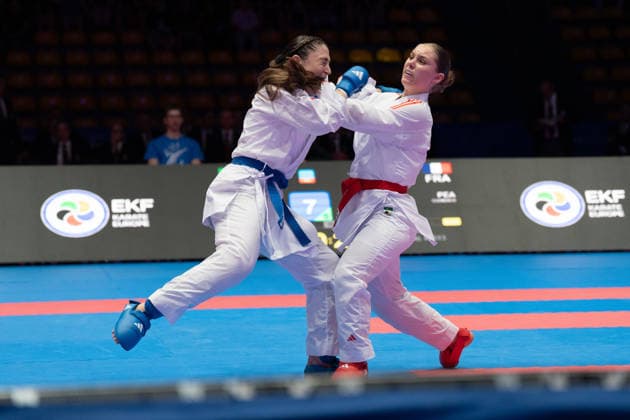 23.05.2026, xhfmx, Karate EKF Senior Championships 2026, Clemence Pea (Frankreic) im Duell mit Zala Maria Zibret (Slowenien) (DFL DFB REGULATIONS PROHIBIT ANY USE OF PHOTOGRAPHS as IMAGE SEQUENCES and or QUASI-VIDEO) Frankfurt
