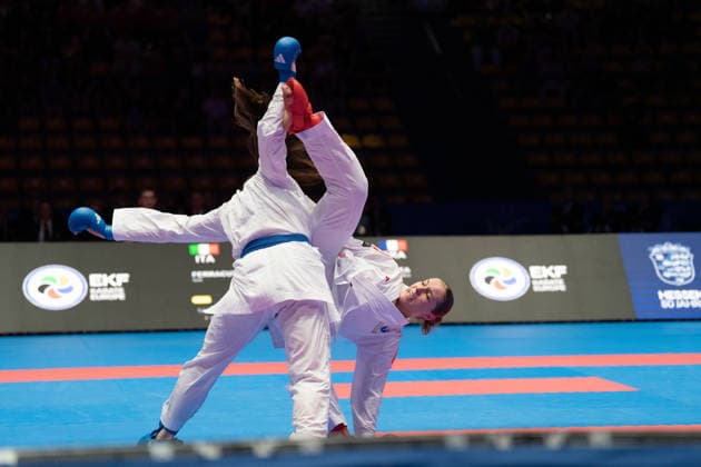23.05.2026, xhfmx, Karate EKF Senior Championships 2026, Clemence Pea (Frankreic) im Duell mit Zala Maria Zibret (Slowenien) (DFL DFB REGULATIONS PROHIBIT ANY USE OF PHOTOGRAPHS as IMAGE SEQUENCES and or QUASI-VIDEO) Frankfurt