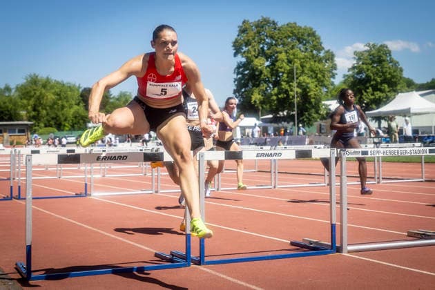WEINHEIM, GERMANY - MAY 23 Franziska Schuster (GER TSV Bayer o4 Leverkusen) in the heats over 100m hurdles during the B&S Kurpfalz Gala am 23.05.2026 at the Sepp-Herberger-Stadium in Weinheim (Baden-Wuerttemberg Germany). Baden-Wuerttemberg Germany Copyright: xLeahxKohringx
