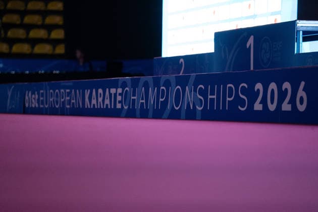 23.05.2026, xhfmx, Karate EKF Senior Championships 2026, Banner mit Logos (DFL DFB REGULATIONS PROHIBIT ANY USE OF PHOTOGRAPHS as IMAGE SEQUENCES and or QUASI-VIDEO) Frankfurt