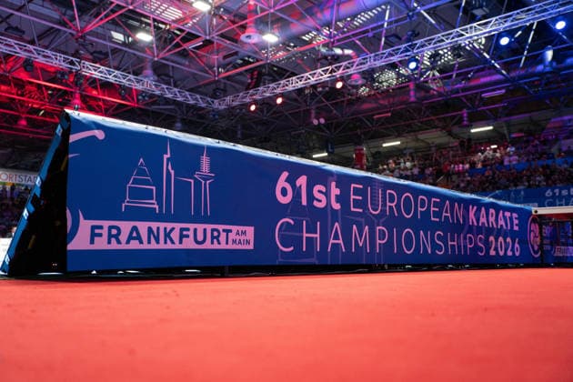 23.05.2026, xhfmx, Karate EKF Senior Championships 2026, Banner mit Logos (DFL DFB REGULATIONS PROHIBIT ANY USE OF PHOTOGRAPHS as IMAGE SEQUENCES and or QUASI-VIDEO) Frankfurt