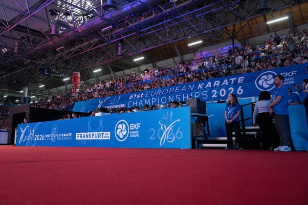 23.05.2026, xhfmx, Karate EKF Senior Championships 2026, Banner mit Logos (DFL DFB REGULATIONS PROHIBIT ANY USE OF PHOTOGRAPHS as IMAGE SEQUENCES and or QUASI-VIDEO) Frankfurt