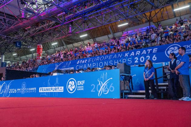 23.05.2026, xhfmx, Karate EKF Senior Championships 2026, Banner mit Logos (DFL DFB REGULATIONS PROHIBIT ANY USE OF PHOTOGRAPHS as IMAGE SEQUENCES and or QUASI-VIDEO) Frankfurt