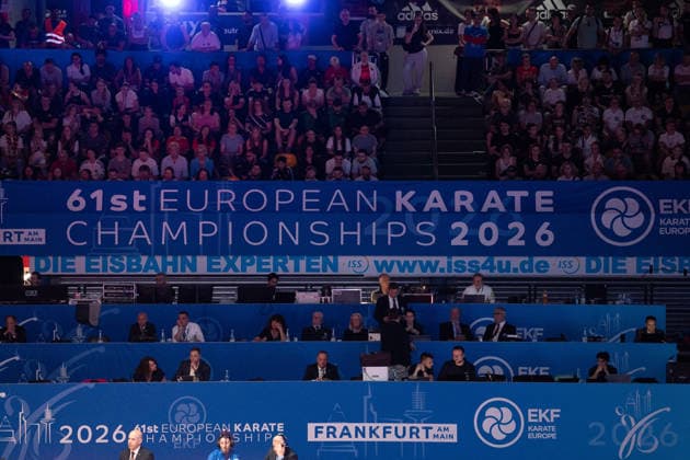 23.05.2026, xhfmx, Karate EKF Senior Championships 2026, Banner mit Logos (DFL DFB REGULATIONS PROHIBIT ANY USE OF PHOTOGRAPHS as IMAGE SEQUENCES and or QUASI-VIDEO) Frankfurt