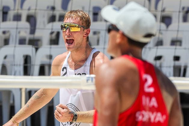 (260523) -- LAGUNA PROVINCE, May 23, 2026 -- Kevin Cuzmiciov (L) of Israel celebrates after scoring a point during the men s round of 16 match between Eylon Elazar Kevin Cuzmiciov of Israel and Bintang Akbar Sofyan Rachman Efendi of Indonesia at the Volleyball World Beach Pro Tour Challenge in Laguna Province, the Philippines, May 23, 2026. ) (SP)PHILIPPINES-LAGUNA PROVINCE-VOLLEYBALL-WORLD BEACH PRO TOUR CHALLENGE RouellexUmali 