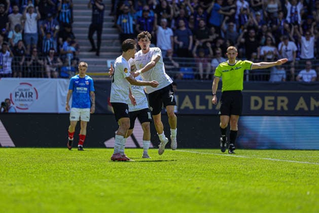 23.05.2026, xhettx, Fussball Landespokal Baden Finale, VfR Mannheim - SV Waldhof Mannheim v.l. jubel über das 2:0 durch Lovis Frederik Bierschenk (SV Waldhof Mannheim, 7) (DFL DFB REGULATIONS PROHIBIT ANY USE OF PHOTOGRAPHS as IMAGE SEQUENCES and or QUASI-VIDEO)