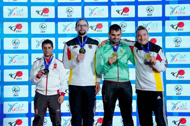 Deutschland: EKF Karate Europameisterschaft Seniors 2026 - Eissporthalle, Frankfurt: Mike Richter (GER) holt die Goldmedaille und Albert Singer (GER) sichert sich die Bronzemedaille Frankfurt am Main Eissporthalle Frankfurt Hessen Deutschland Copyright: xKjetilxWaberx